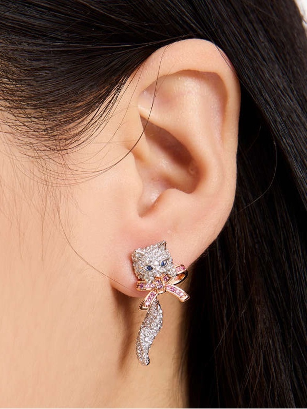Kate Spade Pawlina Statement Studs Earrings Cat Bow Pink Silver Novelty - Picture 2 of 5
